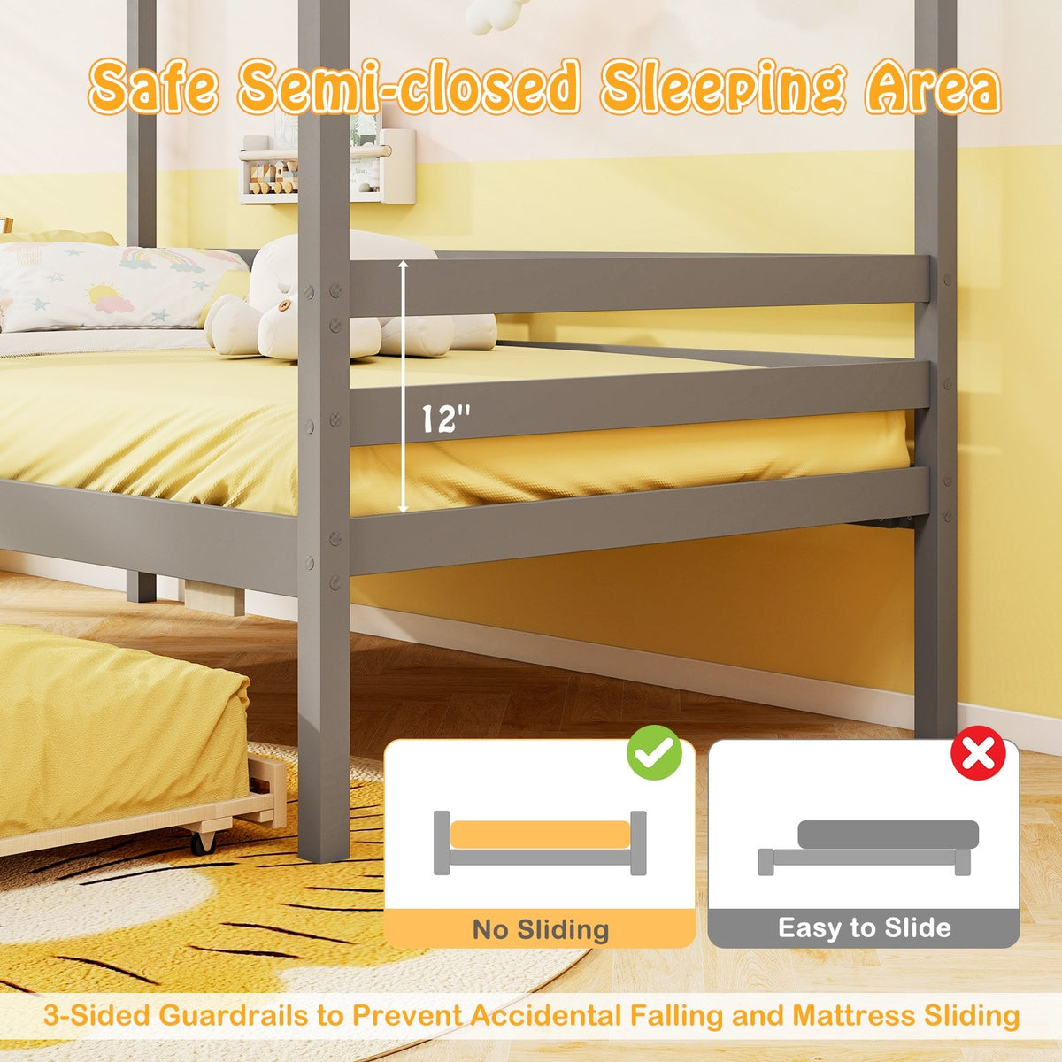 Twin Size Wooden Platform House Bed with Trundle and Roof-Grey view 7