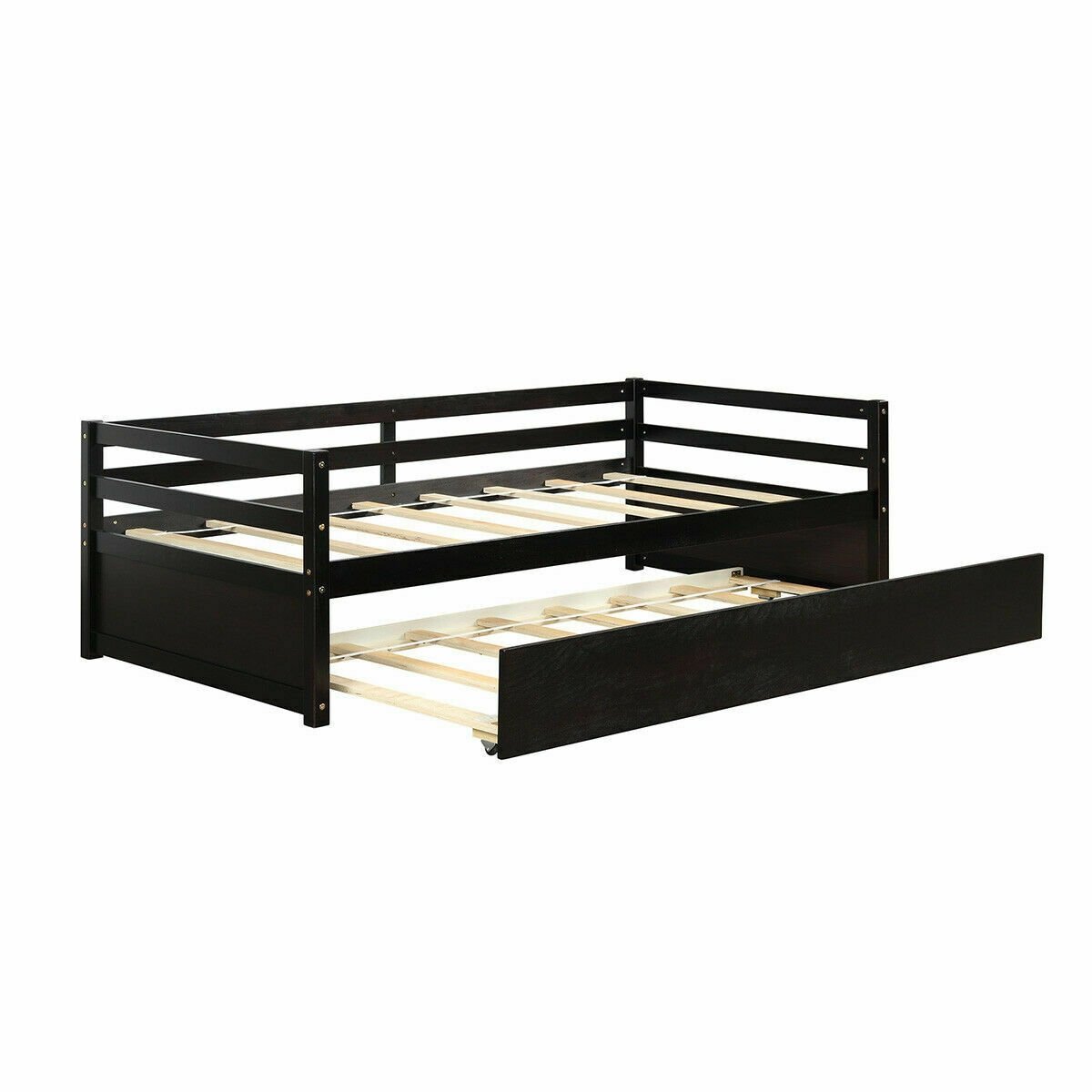 Twin Size Trundle Platform Bed Frame with, Wooden Slat Support-Dark Brown