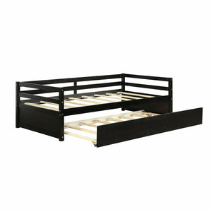 Twin Size Trundle Platform Bed Frame with, Wooden Slat Support-Dark Brown
