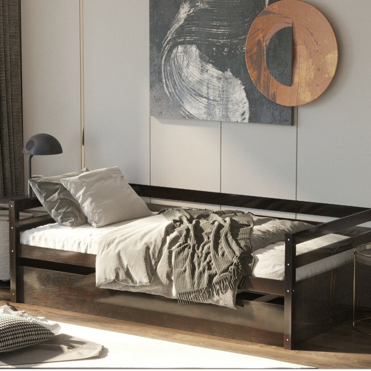 Twin Size Trundle Platform Bed Frame with, Wooden Slat Support-Dark Brown view 2