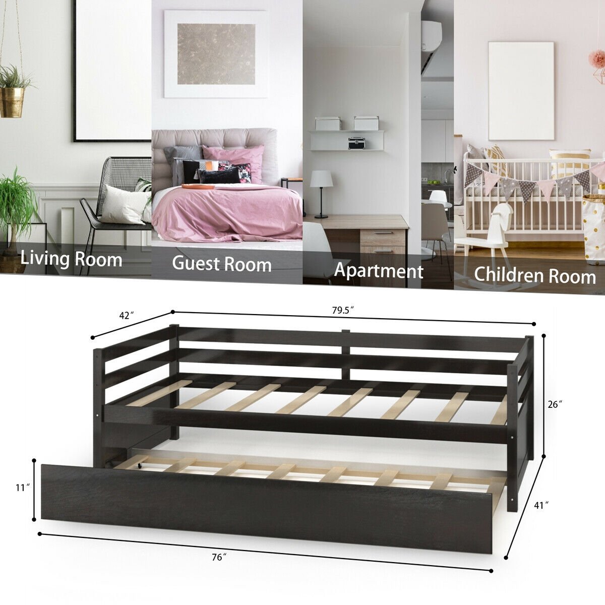 Twin Size Trundle Platform Bed Frame with, Wooden Slat Support-Dark Brown view 5