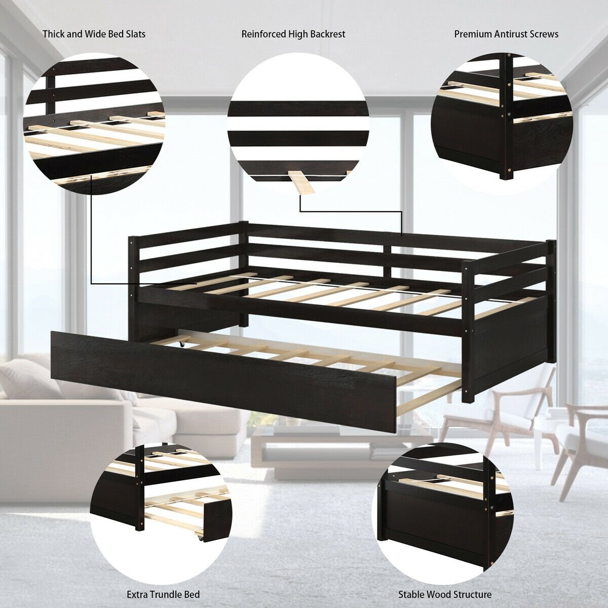 Twin Size Trundle Platform Bed Frame with, Wooden Slat Support-Dark Brown view 9