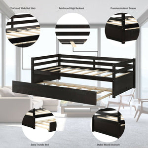 Twin Size Trundle Platform Bed Frame with, Wooden Slat Support-Dark Brown view 9