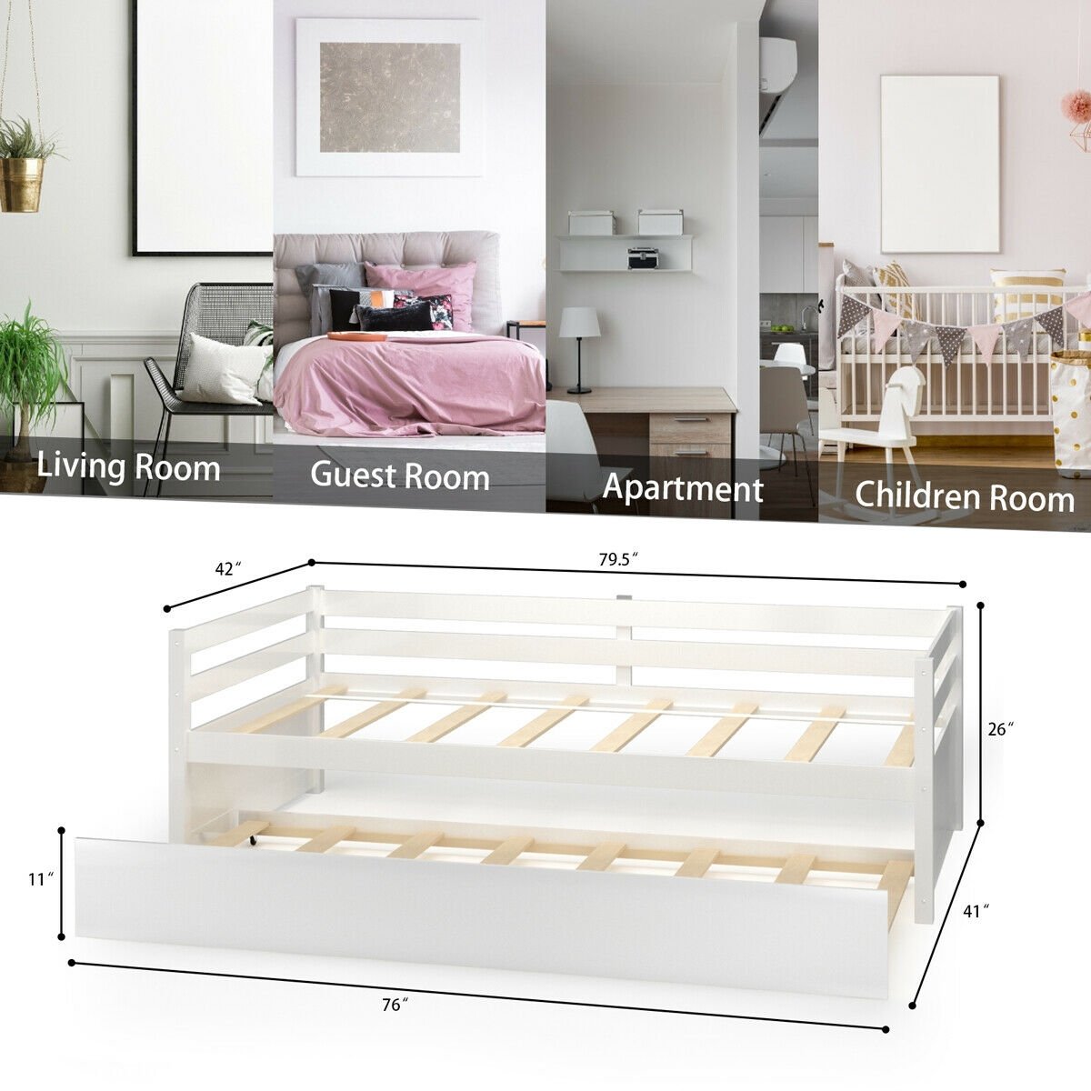Twin Size Wooden Slat Trundle Platform-White view 4