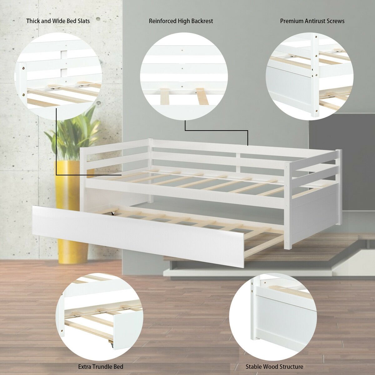 Twin Size Wooden Slat Trundle Platform-White view 5