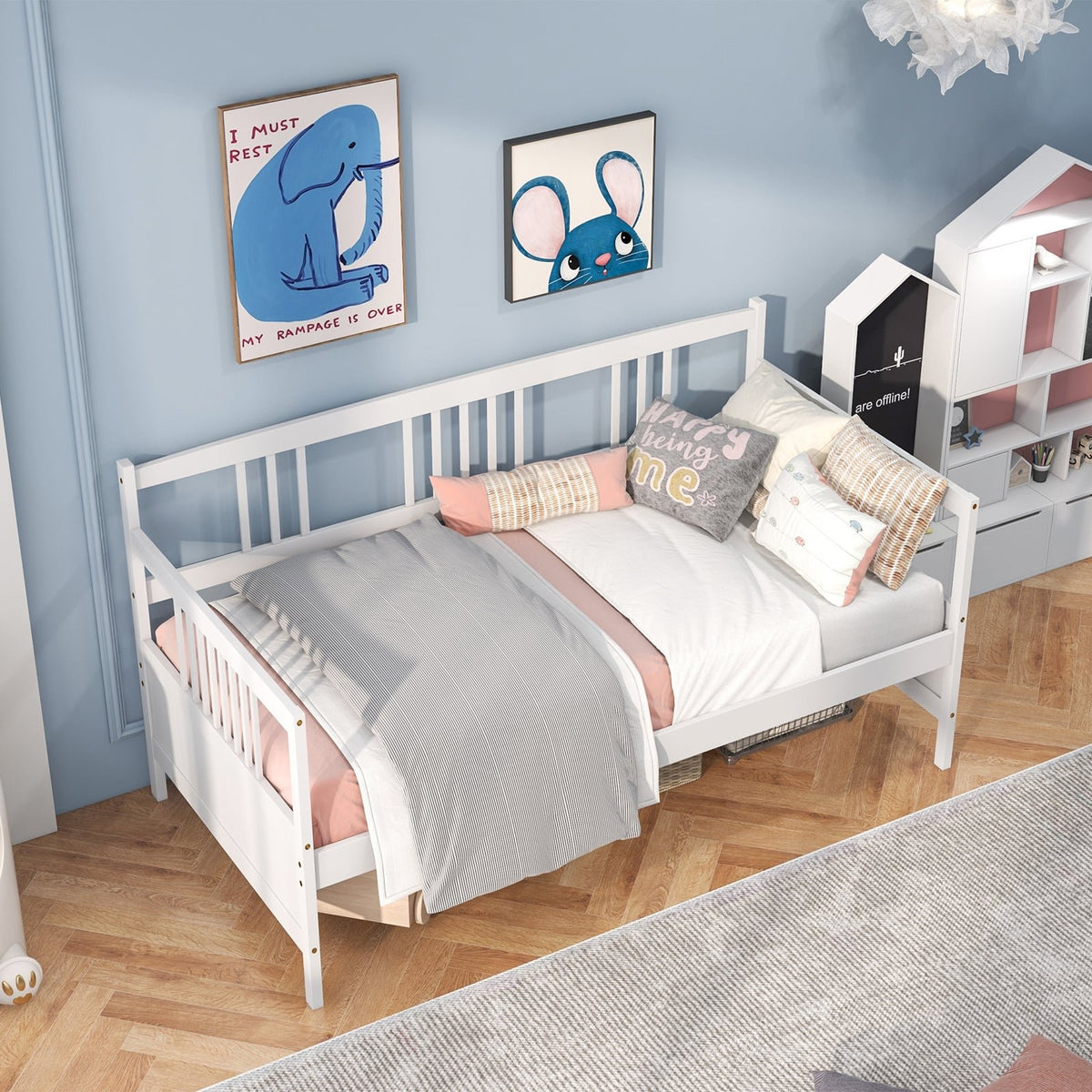 Twin Size Wooden Slats Daybed Bed with Rails-White view 3