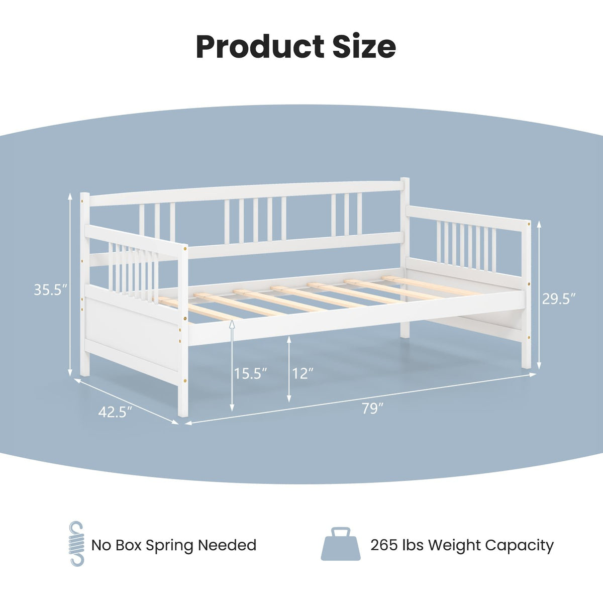 Twin Size Wooden Slats Daybed Bed with Rails-White view 5