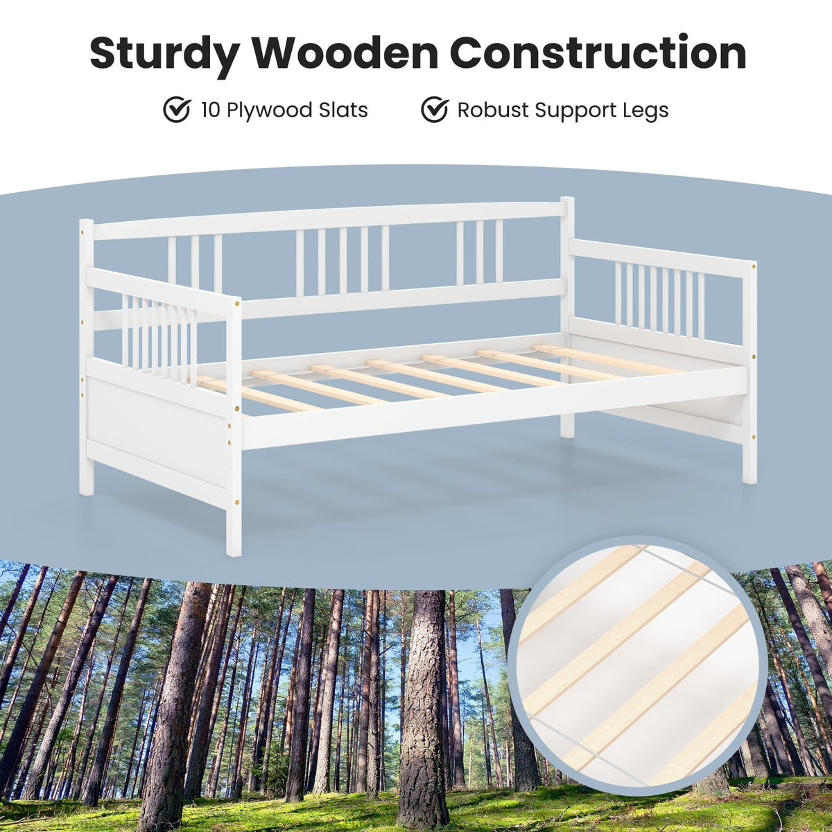 Twin Size Wooden Slats Daybed Bed with Rails-White view 7