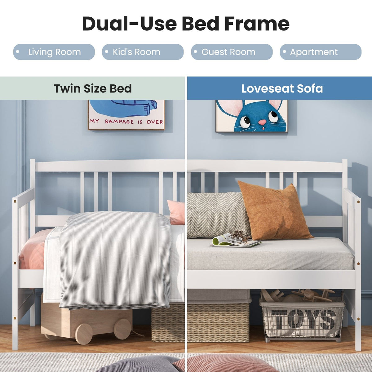 Twin Size Wooden Slats Daybed Bed with Rails-White view 8