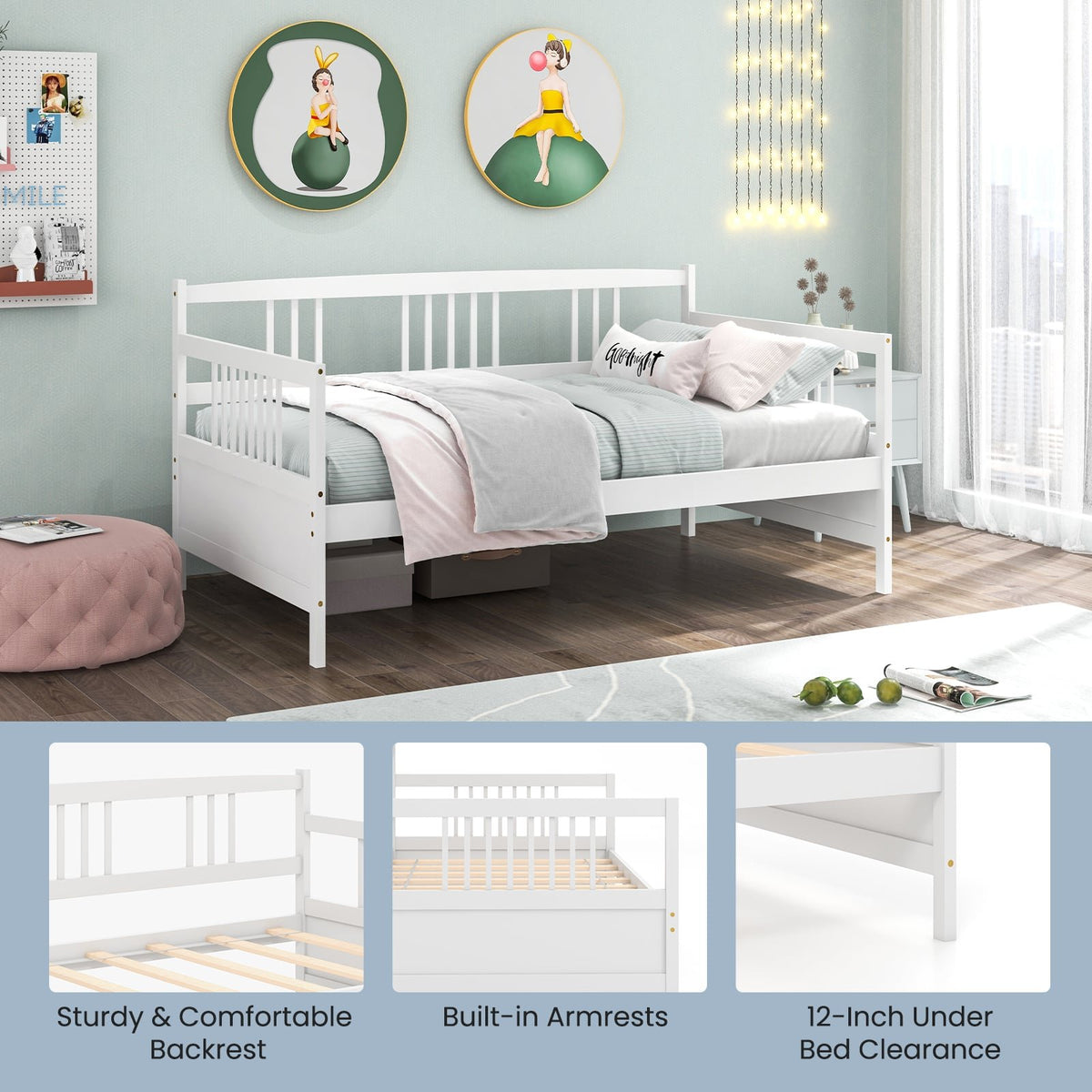 Twin Size Wooden Slats Daybed Bed with Rails-White view 9