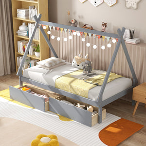Twin Size Wooden Tent Platform House Bed with 2 Drawers-Gray view 2