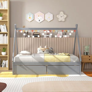 Twin Size Wooden Tent Platform House Bed with 2 Drawers-Gray view 3
