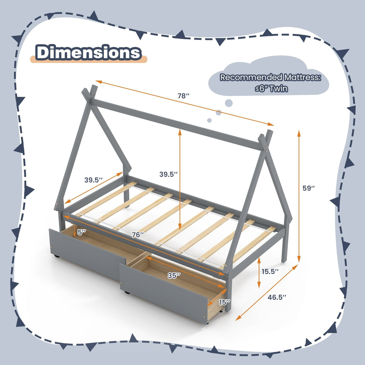 Twin Size Wooden Tent Platform House Bed with 2 Drawers-Gray view 4