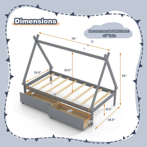 Twin Size Wooden Tent Platform House Bed with 2 Drawers-Gray view 4