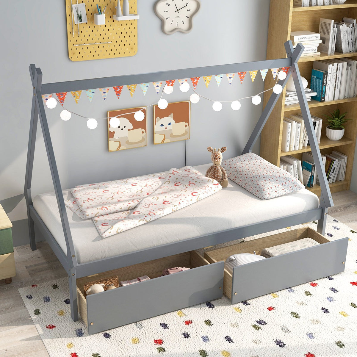 Twin Size Wooden Tent Platform House Bed with 2 Drawers-Gray view 5