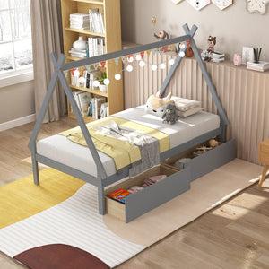 Twin Size Wooden Tent Platform House Bed with 2 Drawers-Gray view 6
