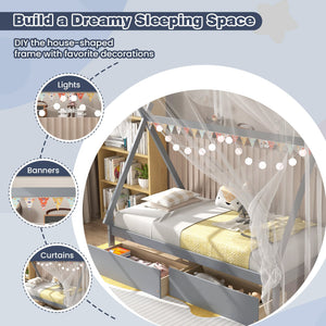 Twin Size Wooden Tent Platform House Bed with 2 Drawers-Gray view 7