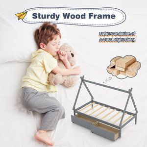 Twin Size Wooden Tent Platform House Bed with 2 Drawers-Gray view 9