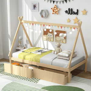 Twin Size Wooden Tent Platform House Bed with 2 Drawers-Natural view 2