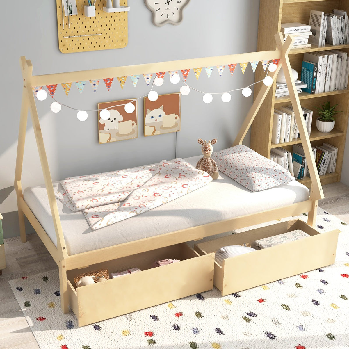 Twin Size Wooden Tent Platform House Bed with 2 Drawers-Natural view 3