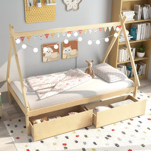 Twin Size Wooden Tent Platform House Bed with 2 Drawers-Natural view 3