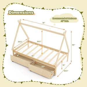 Twin Size Wooden Tent Platform House Bed with 2 Drawers-Natural view 4