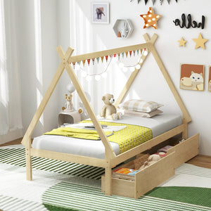 Twin Size Wooden Tent Platform House Bed with 2 Drawers-Natural view 5