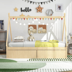 Twin Size Wooden Tent Platform House Bed with 2 Drawers-Natural view 6