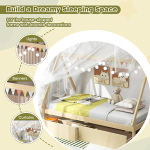 Twin Size Wooden Tent Platform House Bed with 2 Drawers-Natural view 7
