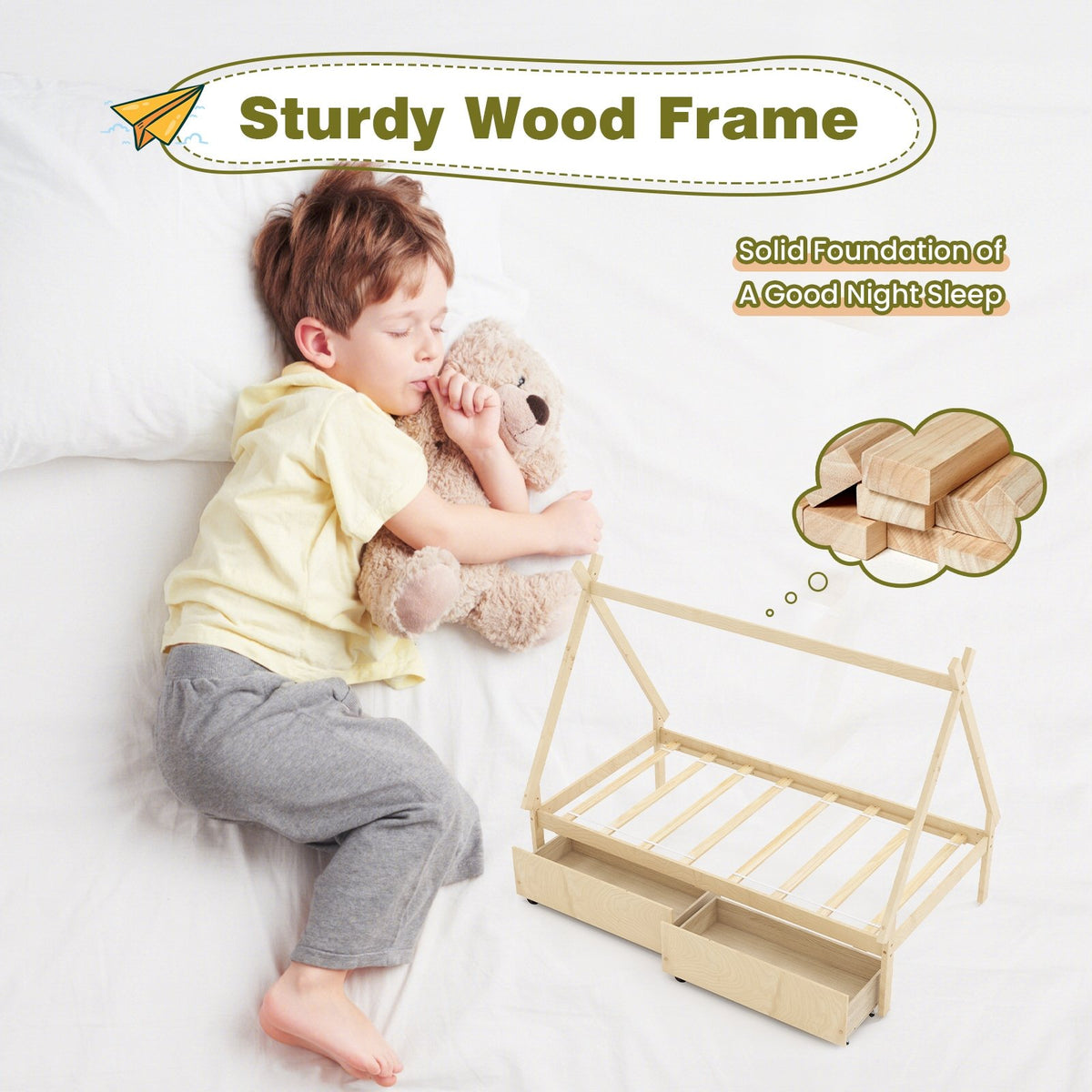 Twin Size Wooden Tent Platform House Bed with 2 Drawers-Natural view 9