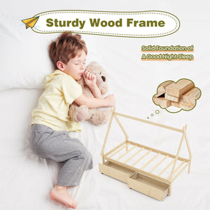 Twin Size Wooden Tent Platform House Bed with 2 Drawers-Natural view 9