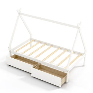 Twin Size Wooden Tent Platform House Bed with 2 Drawers-White