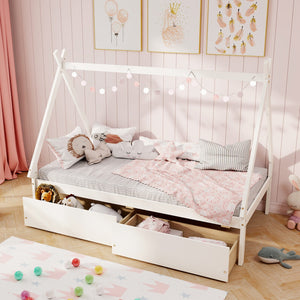 Twin Size Wooden Tent Platform House Bed with 2 Drawers-White view 2
