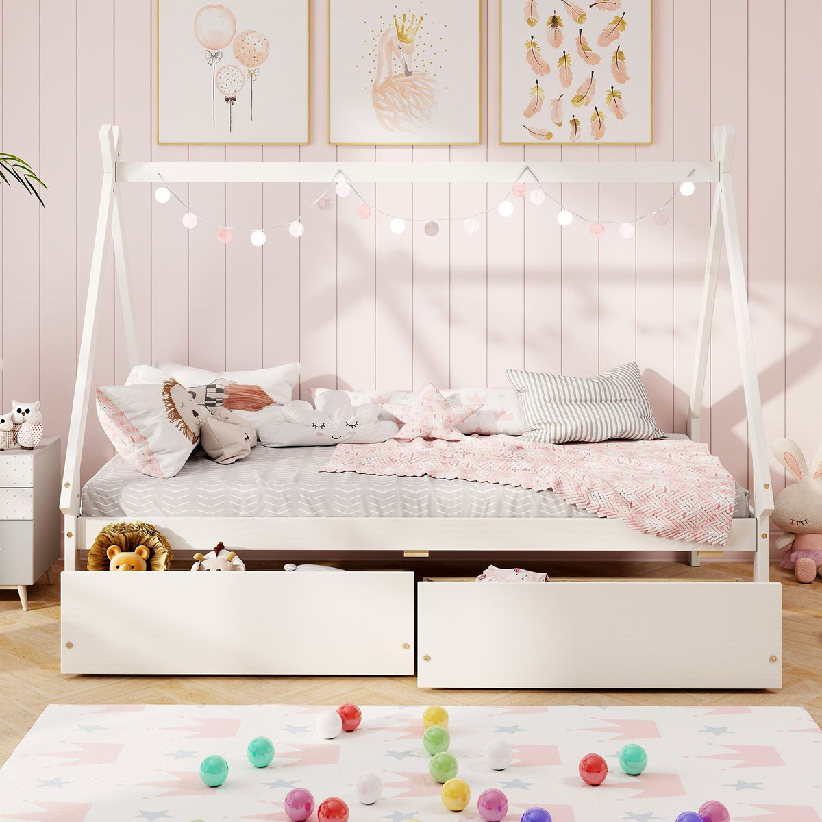 Twin Size Wooden Tent Platform House Bed with 2 Drawers-White view 3