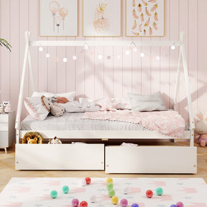 Twin Size Wooden Tent Platform House Bed with 2 Drawers-White view 3