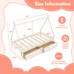 Twin Size Wooden Tent Platform House Bed with 2 Drawers-White view 4