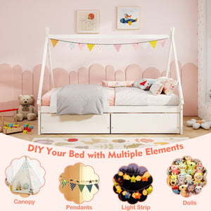 Twin Size Wooden Tent Platform House Bed with 2 Drawers-White view 6
