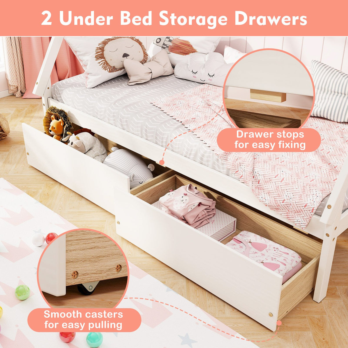 Twin Size Wooden Tent Platform House Bed with 2 Drawers-White view 7