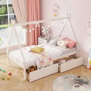 Twin Size Wooden Tent Platform House Bed with 2 Drawers-White view 8