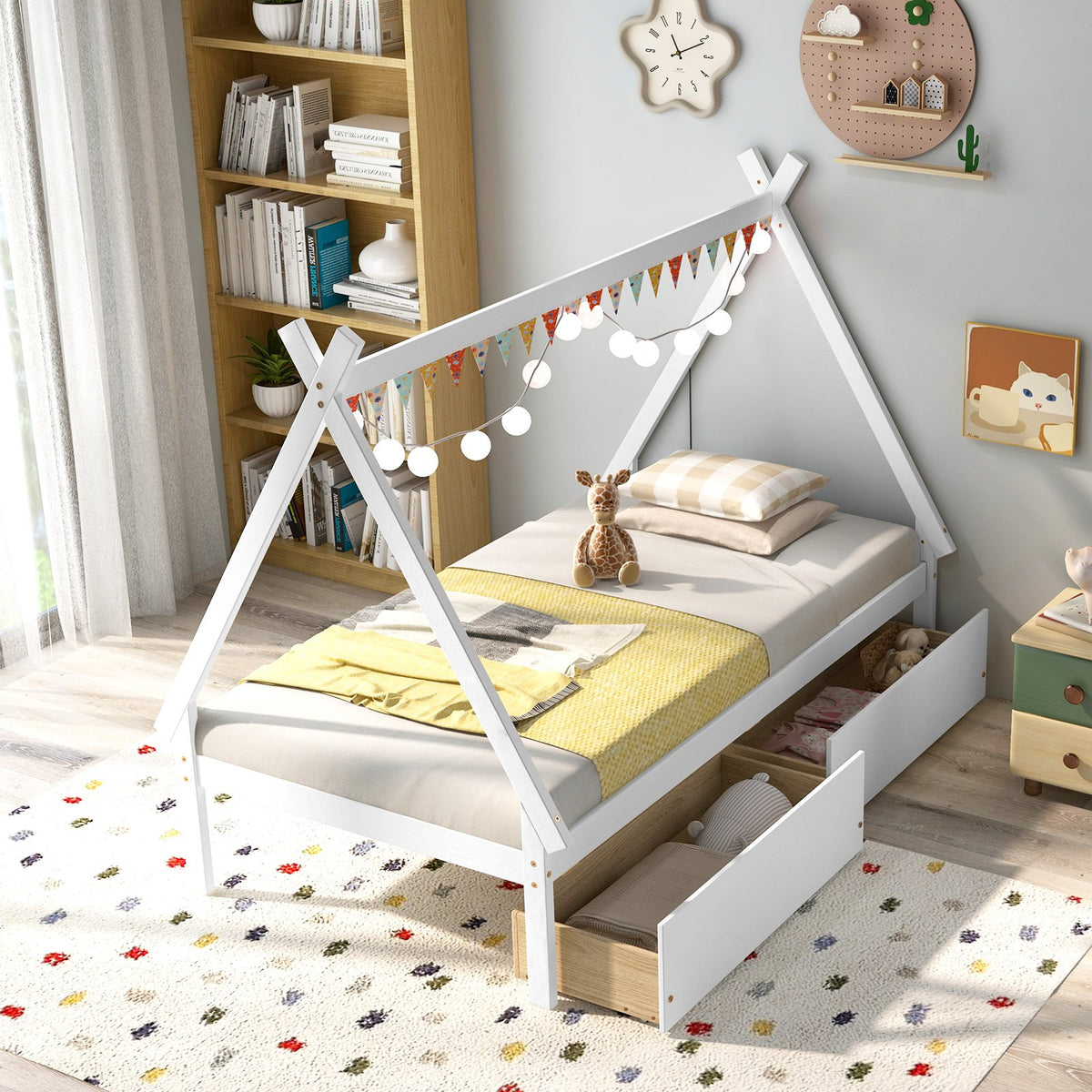 Twin Size Wooden Tent Platform House Bed with 2 Drawers-White view 9