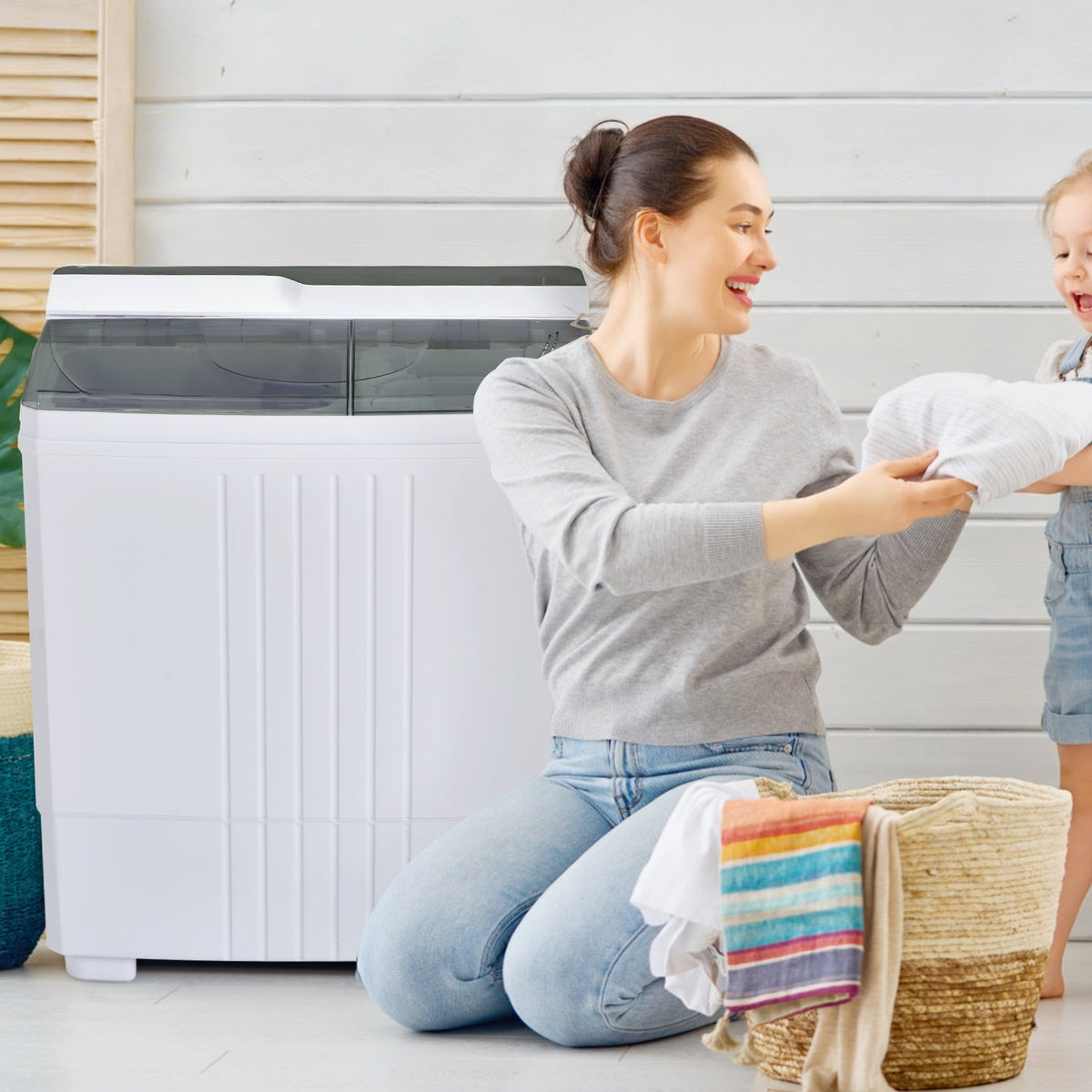 Twin Tub Portable Washing Machine with Timer Control and Drain Pump for Apartment-Gray view 2