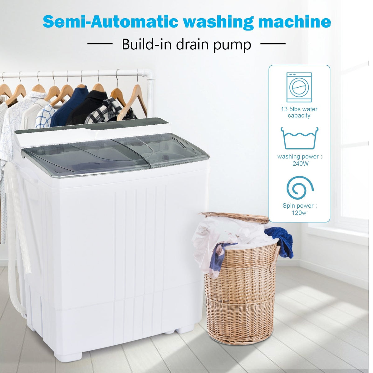 Twin Tub Portable Washing Machine with Timer Control and Drain Pump for Apartment-Gray view 3