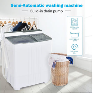 Twin Tub Portable Washing Machine with Timer Control and Drain Pump for Apartment-Gray view 3