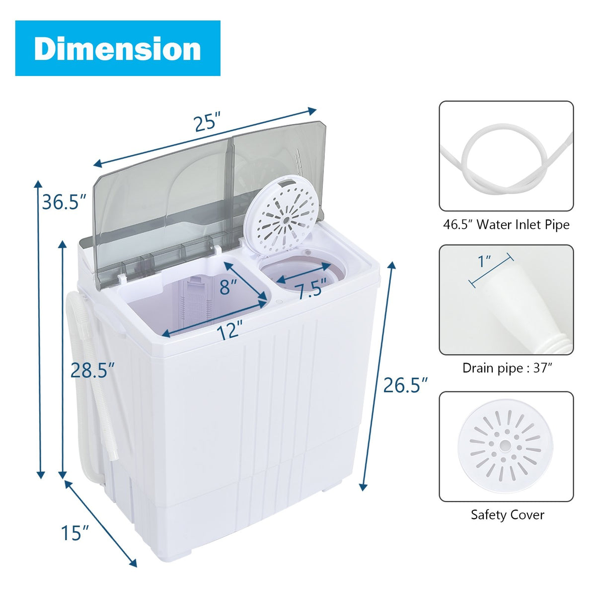 Twin Tub Portable Washing Machine with Timer Control and Drain Pump for Apartment-Gray view 4