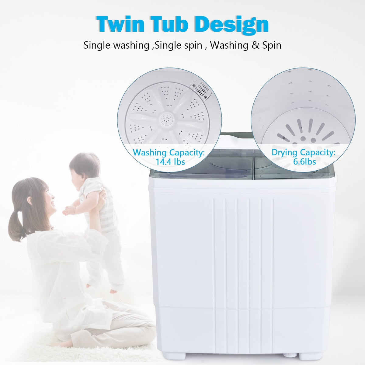 Twin Tub Portable Washing Machine with Timer Control and Drain Pump for Apartment-Gray view 5