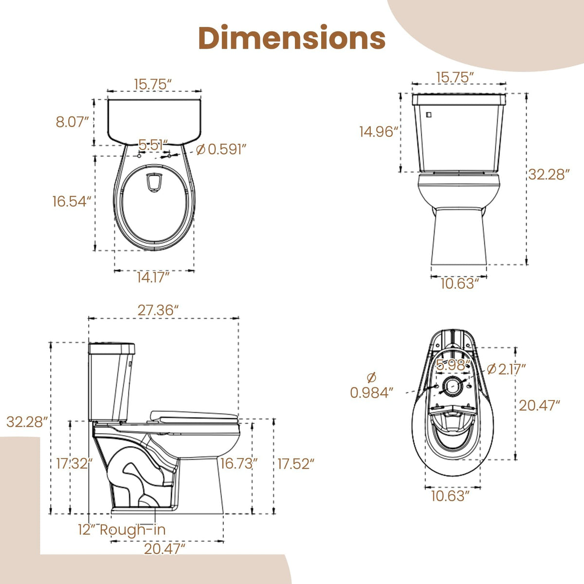 Two-Piece Round Toilet with 17.5 inch ADA Comfort Chair Height Seat view 5