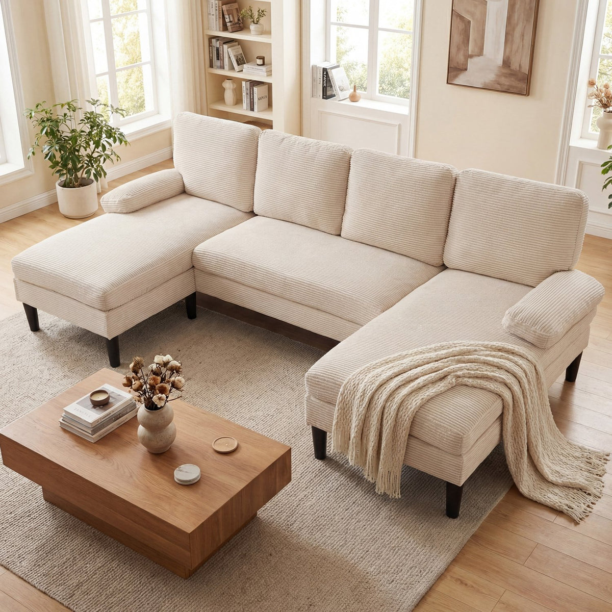 U-shaped Sectional Couch with Double Chaise for Living Room-Beige view 2