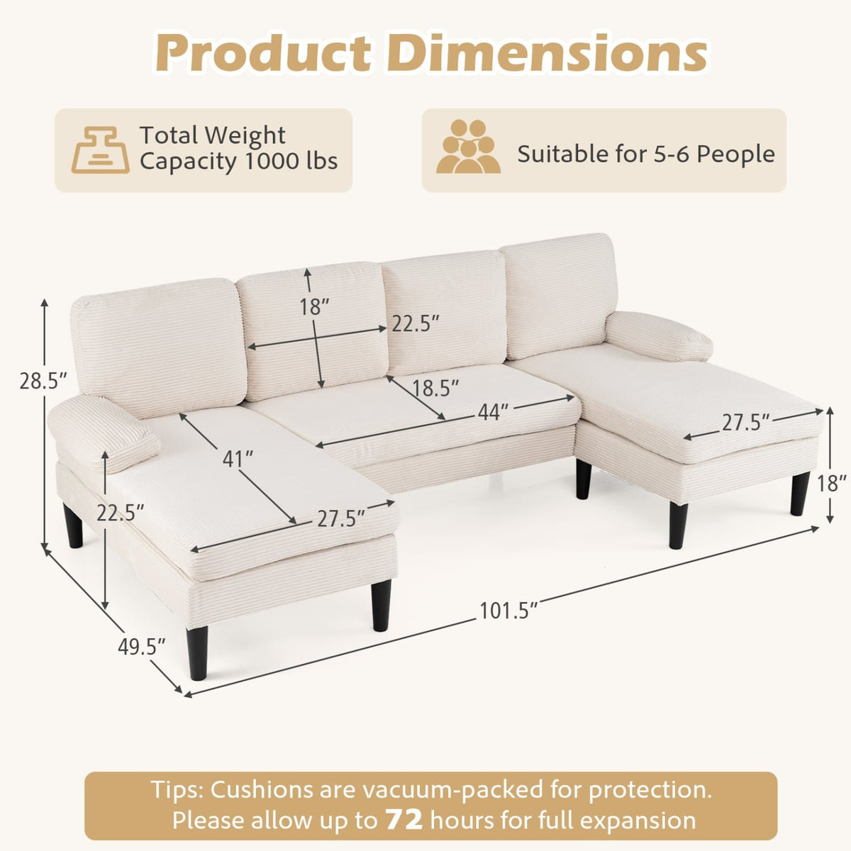 U-shaped Sectional Couch with Double Chaise for Living Room-Beige view 4
