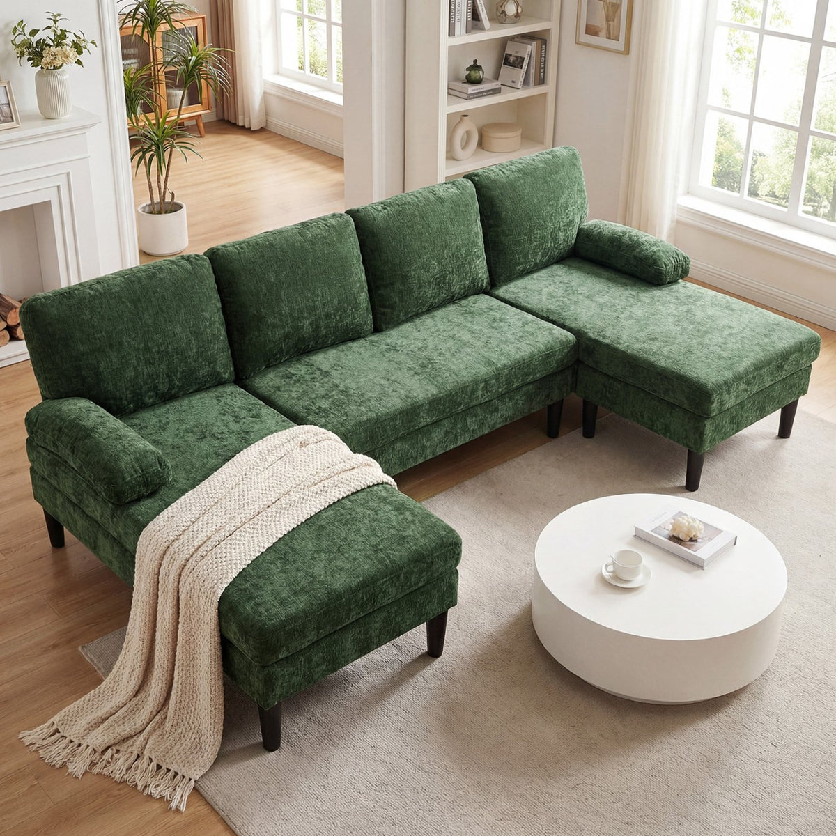 U-shaped Sectional Couch with Double Chaise for Living Room-Green view 2
