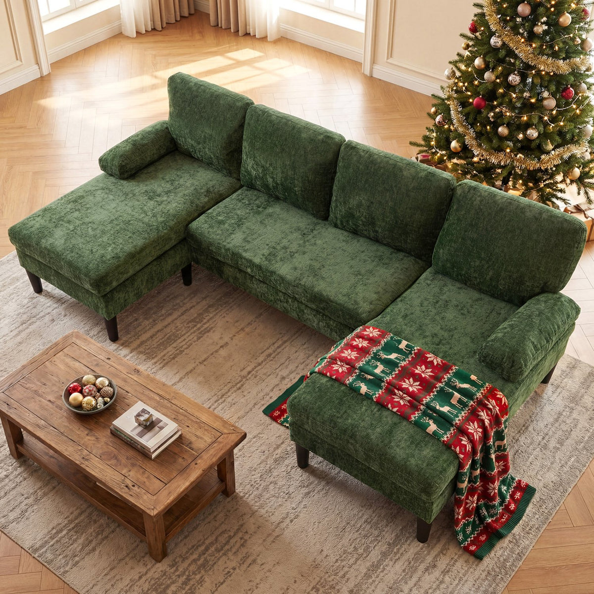 U-shaped Sectional Couch with Double Chaise for Living Room-Green view 5